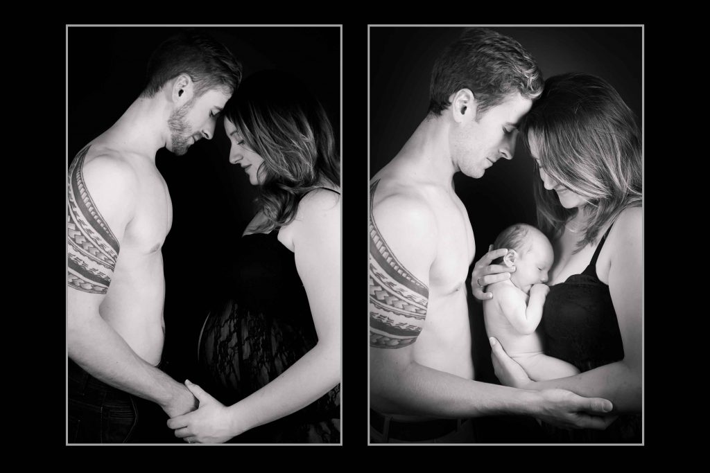 composite avant après photo bébé naissance grossesse couple noir et blanc dentelle tatouage seance photo Blois photographe portraitiste